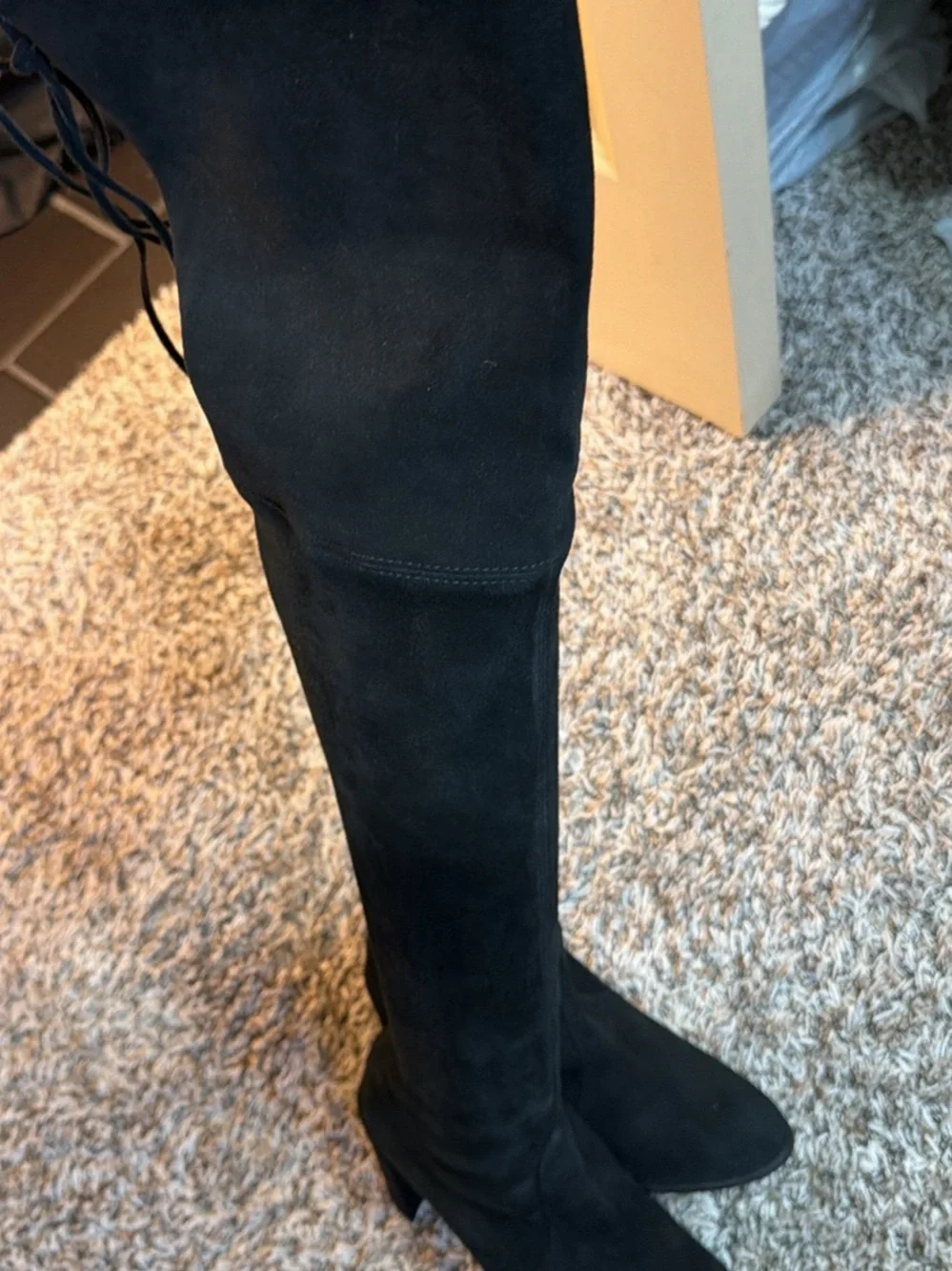 Stuart Weitzman Black Suede Over-the-Knee Block Heel Boots